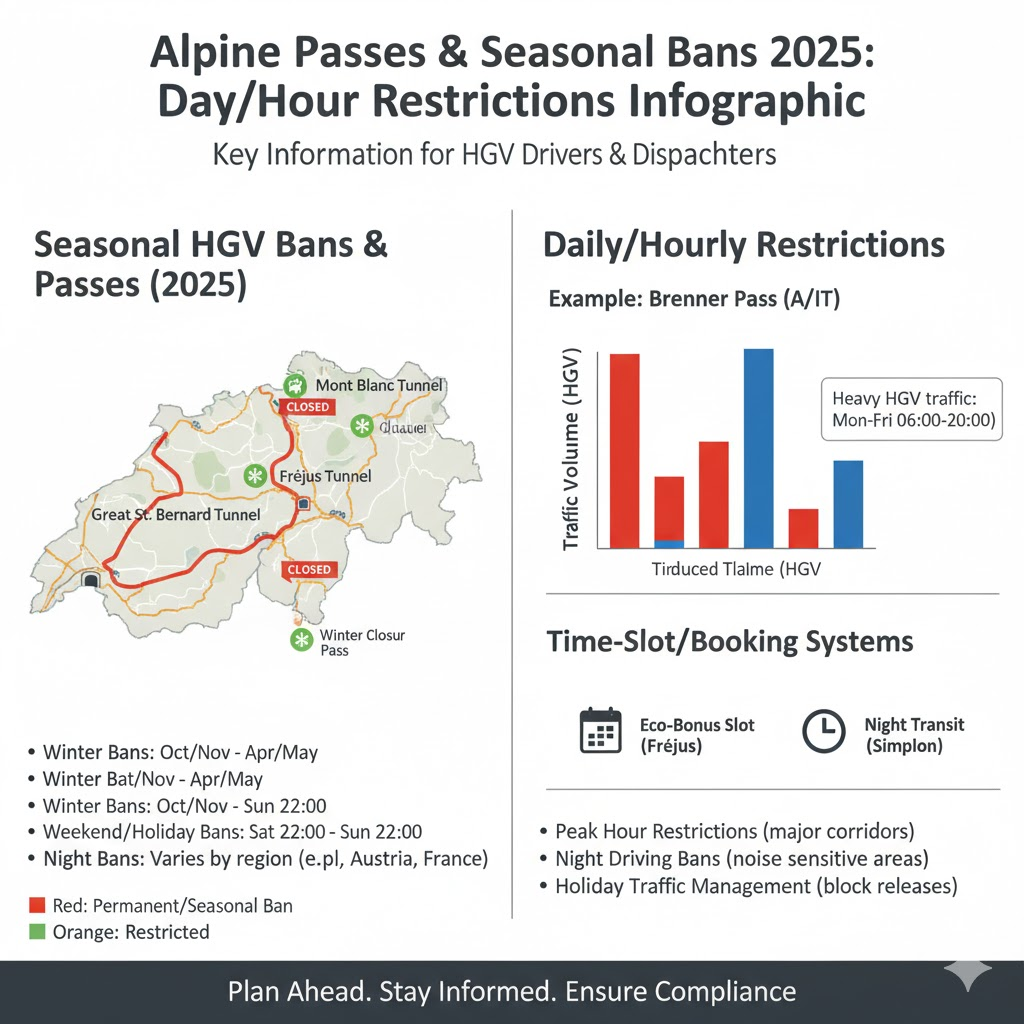 Alpine Passes & Seasonal Bans 2025: Day/Hour Restrictions Infographic